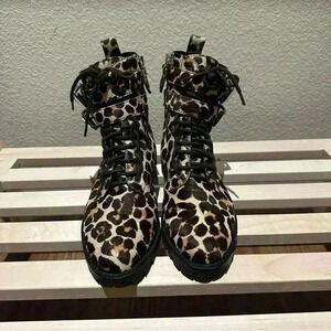 REBECCA MINKOFF Leopard Real Cow Hide Lace Up Boots